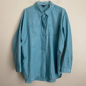 Lands' End 1X Plus Turquoise Collared Button Down Long Sleeve Top